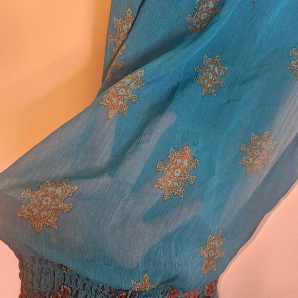 L8ter Size Small S Boho Tunic Top Blouse Crochet blue Orange Brown Sheer Indie - Picture 3 of 7